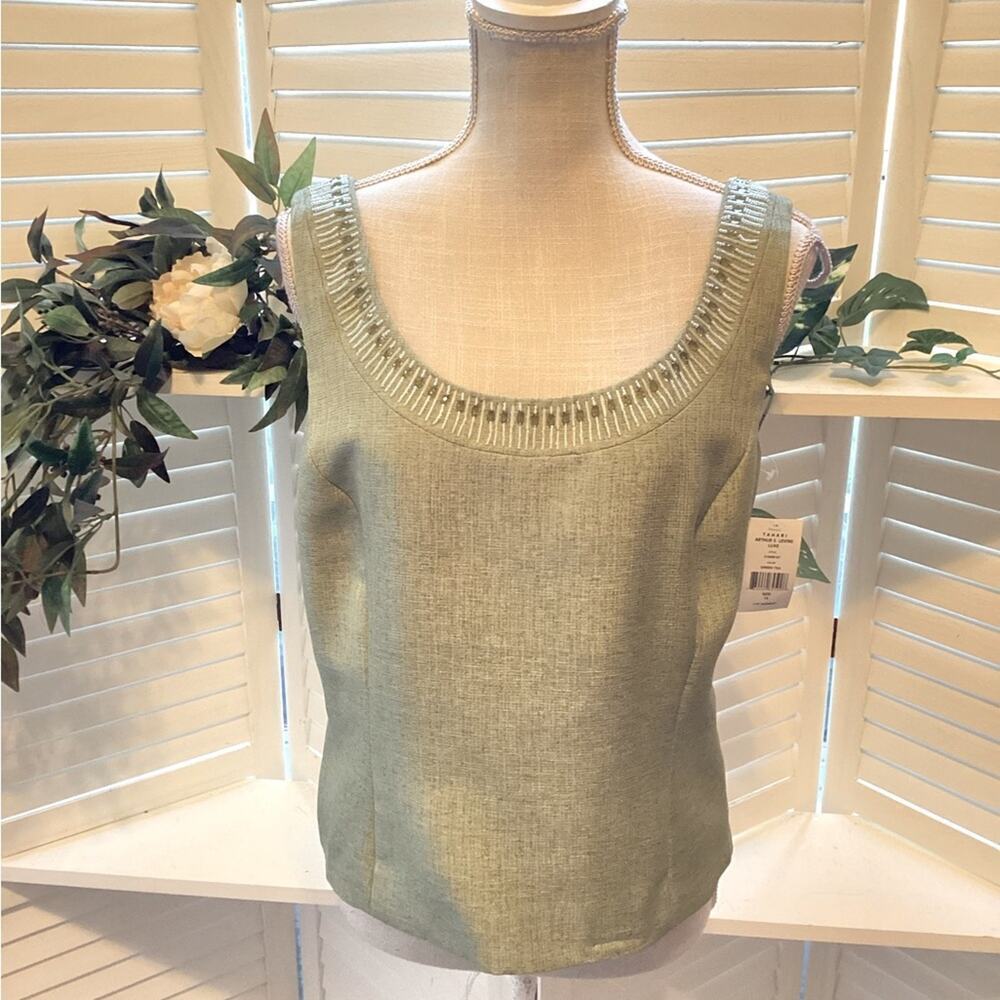 TAHARI GREEN TEE SLEEVELESS BEADED NEW BLOUSE SIZE 16 1256